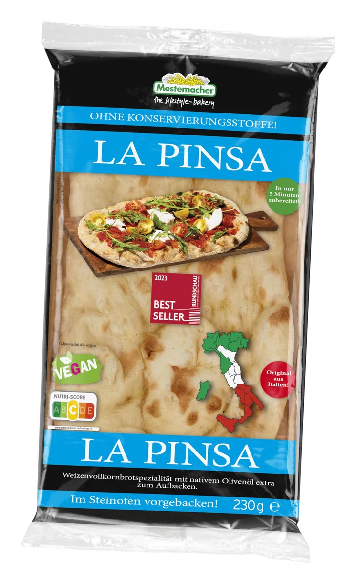 Mestemacher La Pinsa Weizen Vollkorn, vegan, zum Aufbacken, handgeformt und im Steinofen vorgebacken, mit nativem Olivenöl, fertig in 5 Min, 230 g